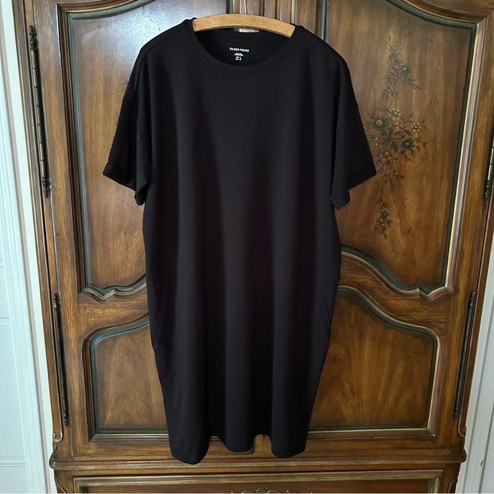 new ~Eileen Fisher ~ Black Organic Cotton Jersey Round Neck Dress in size Large - Picture 2 of 8